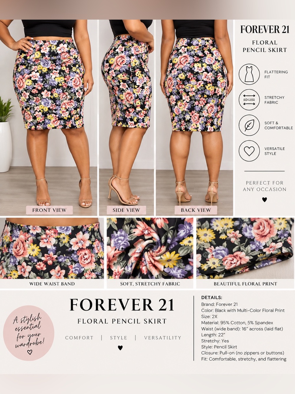FOREVER 21 FLORAL STRETCH PENCIL SKIRT - BLACK SIZE 2X (NEW WITH TAGS) A35